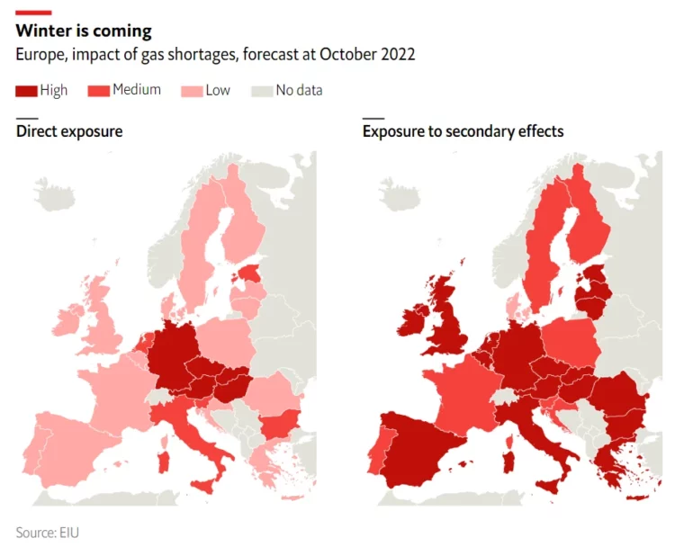 Europe, impact of gas shortages, forecast at October 2022
